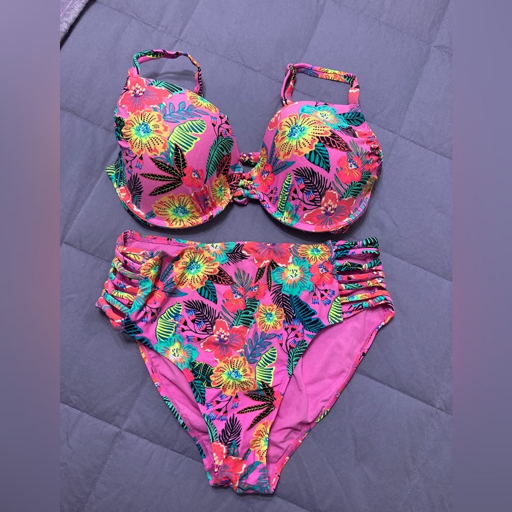 Used Xhilaration Pink Tropical Print Bikini Top and Bottom- size L